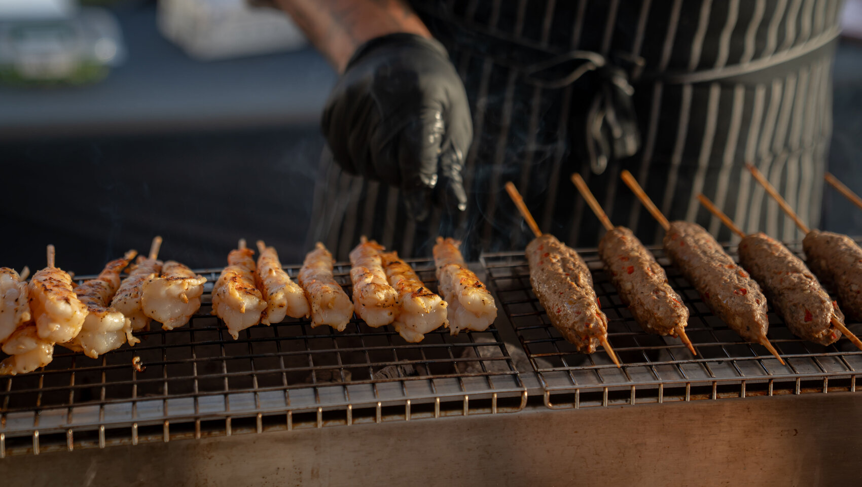 Shrimp and Meat Skewers on grill
