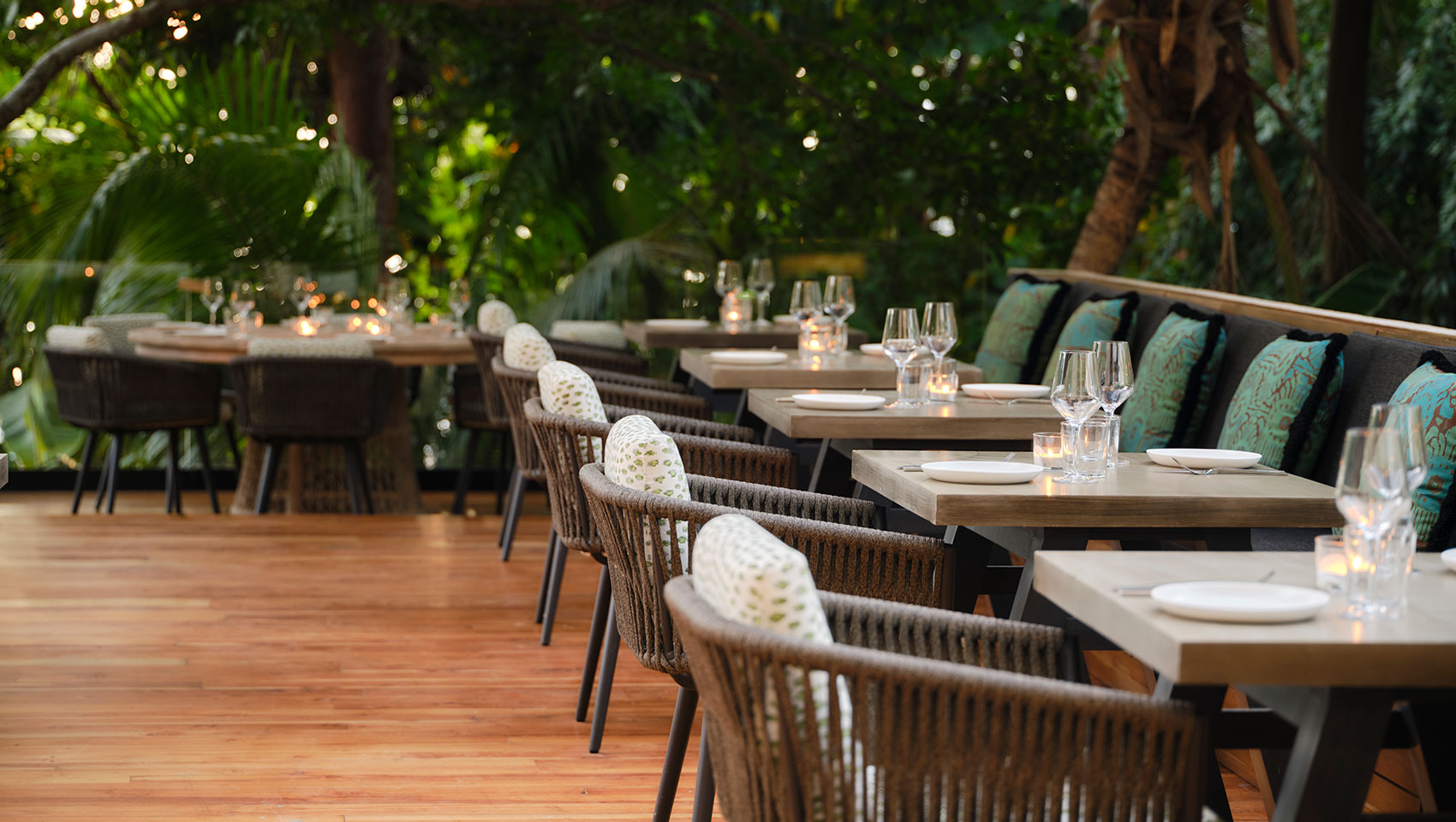 Patio dining row at Alera with jungle view