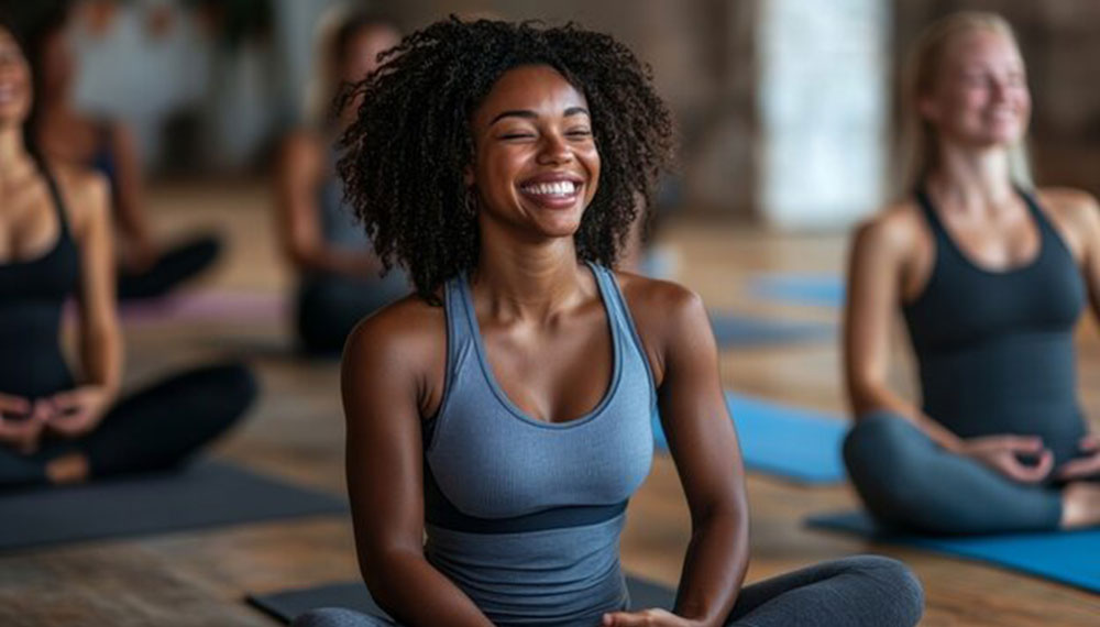 Woman laughing doing yoga